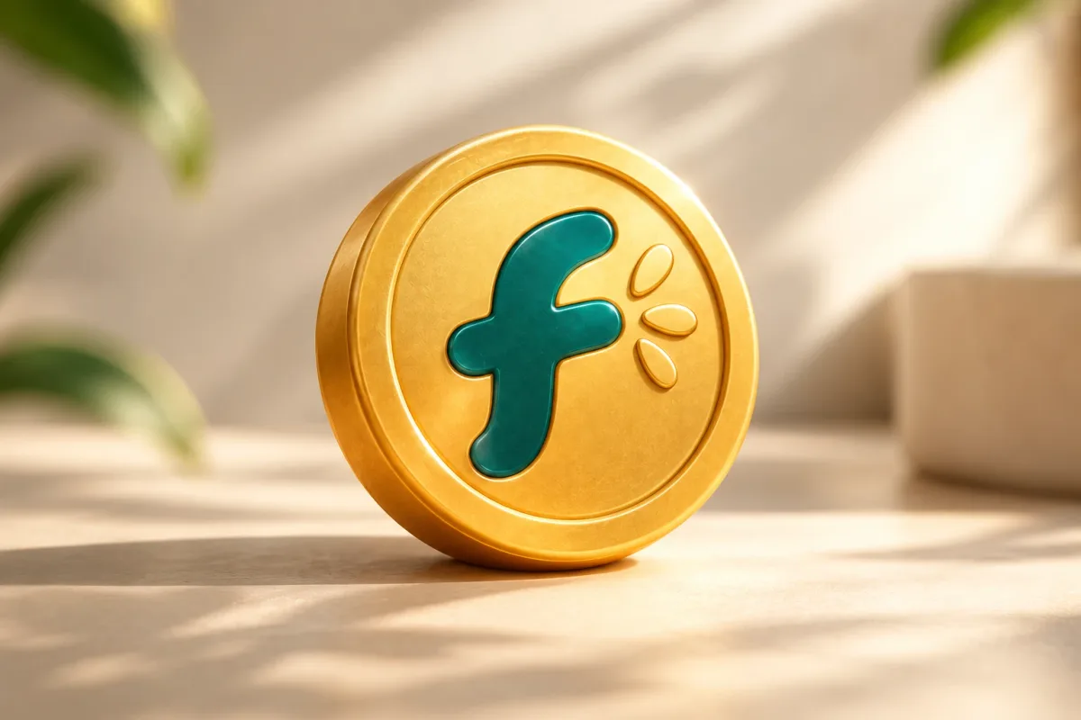 A gold Flucie Coin with a teal F, resting on a sunlit table