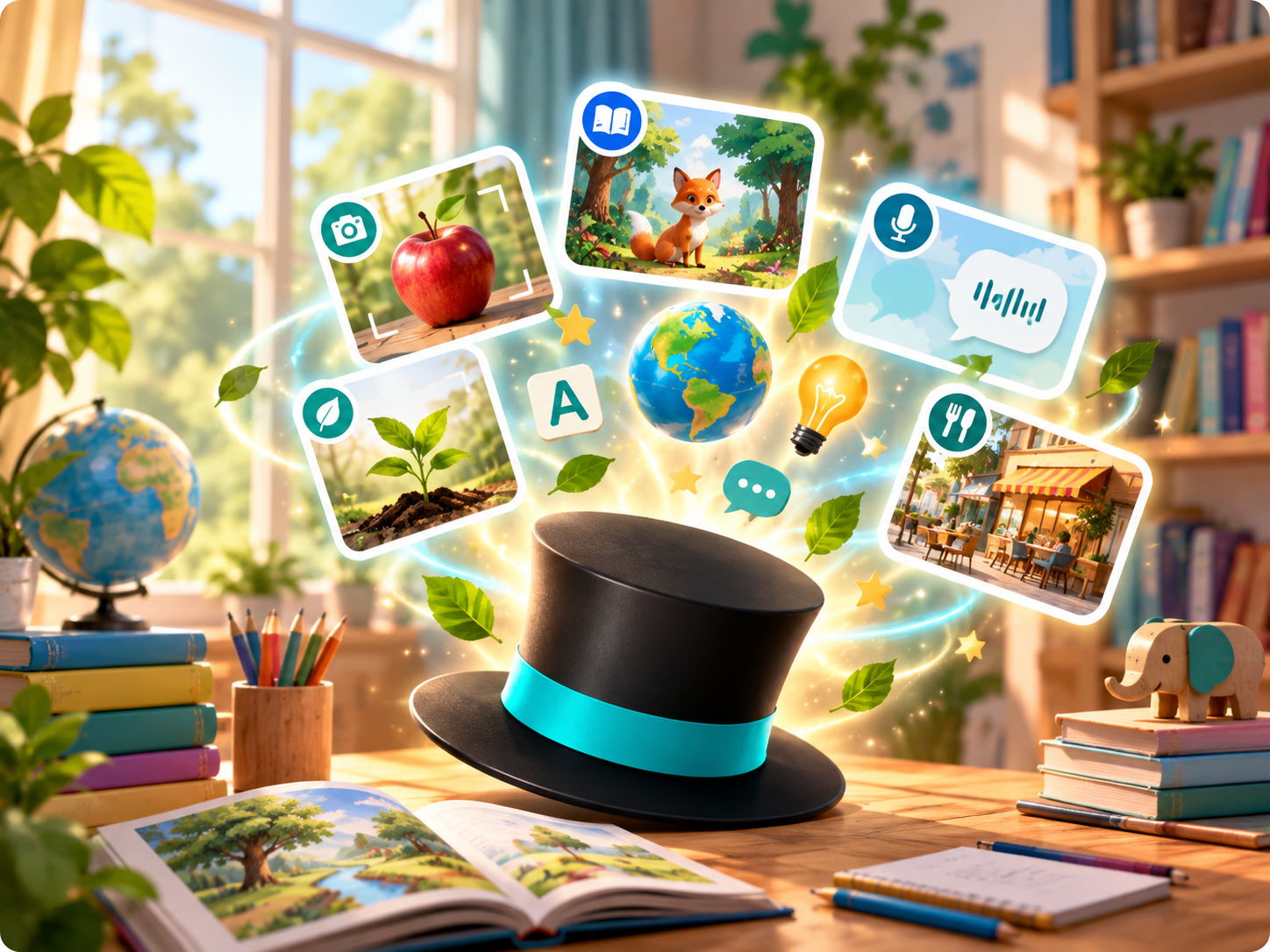 Everyday objects, a storybook fox, a voice conversation and a real-life café scene shown as learning moments