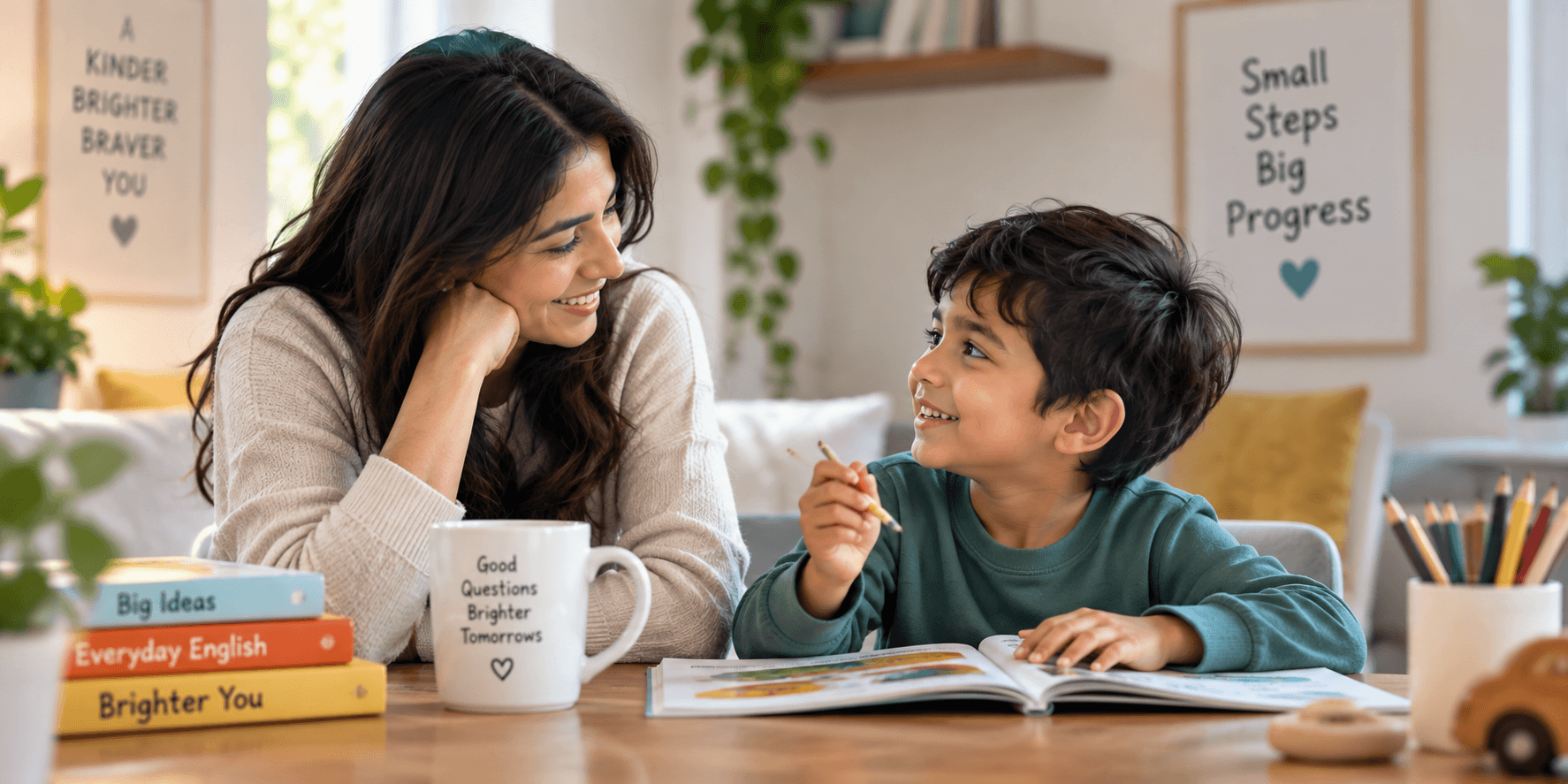 A parent and child talking together while looking at a workbook at home