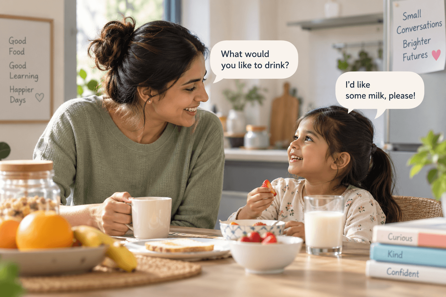 A parent and child having a relaxed English conversation at breakfast