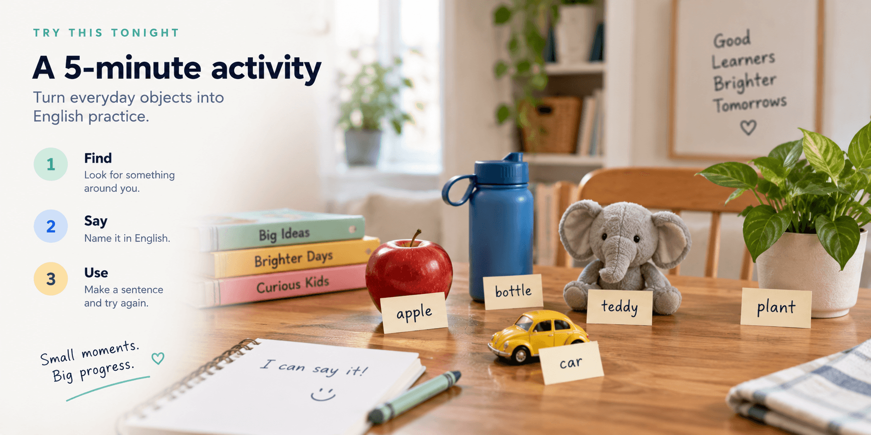A five-minute English activity using everyday objects such as an apple, bottle, toy and plant