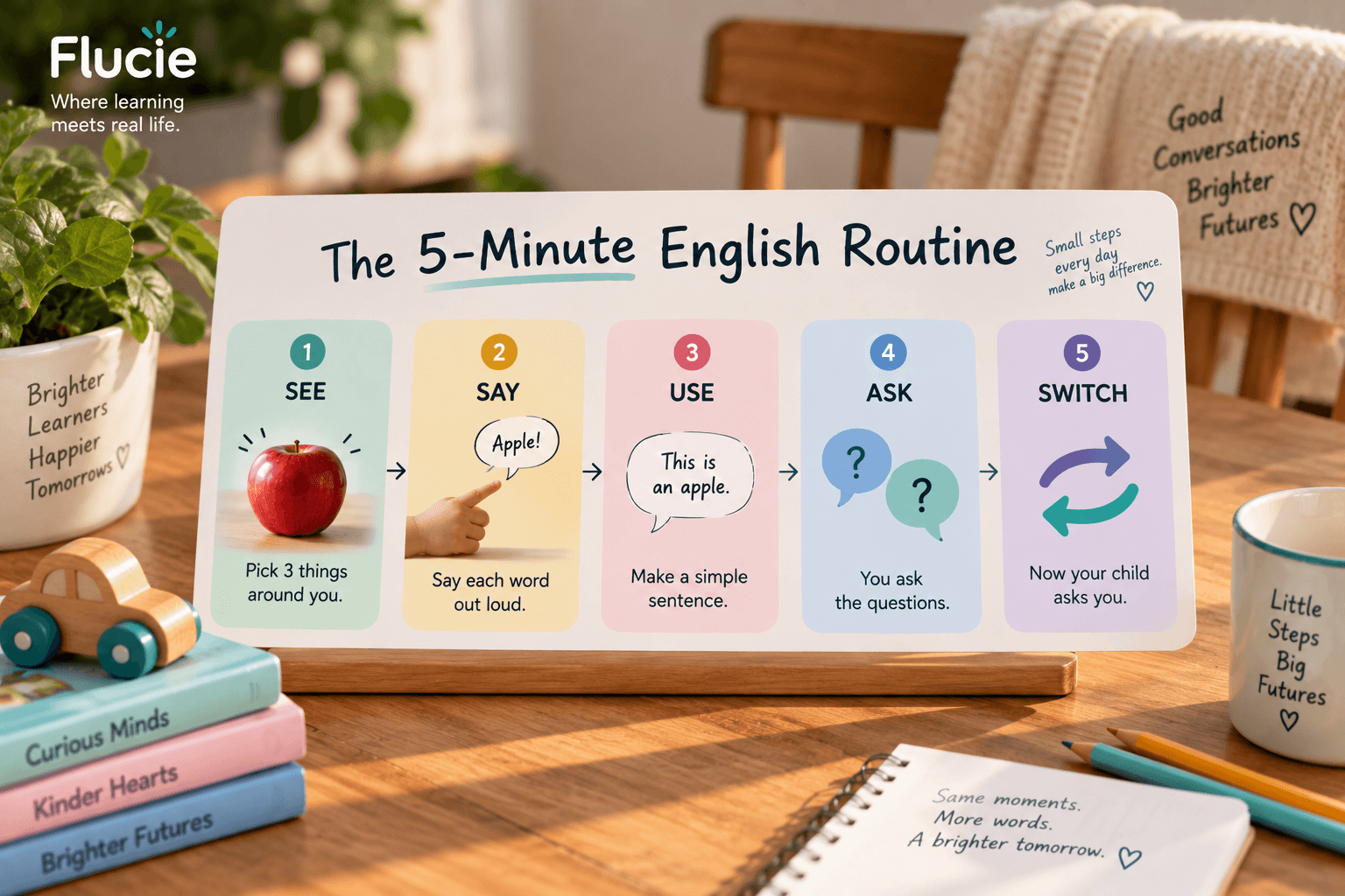 A five-minute English routine showing See, Say, Use, Ask and Switch