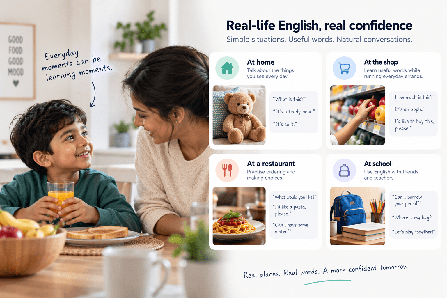 Everyday English examples for home, shopping, restaurants and school